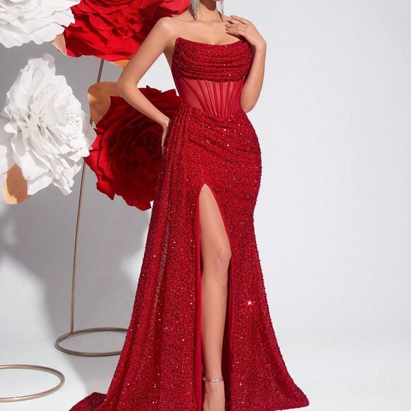 Red Elegant Women's Sequin Off-Shoulder Hollow Fishbone Formal Gown - Picture 5 of 8